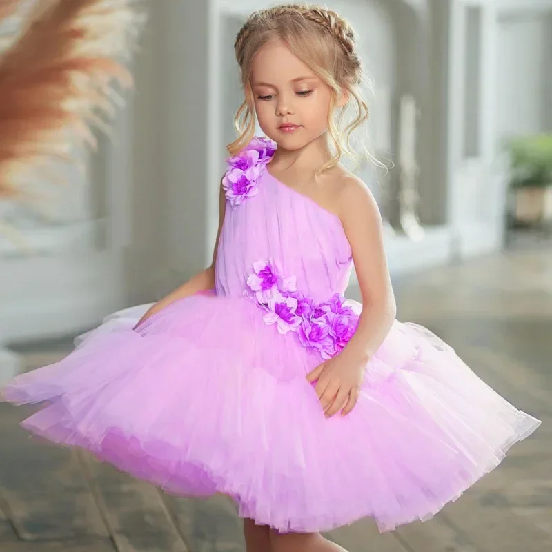 Tule rosa inchado com flores 3d ombro único para festa de aniversário de casamento banquete vestidos de princesa vestidos de menina de flor