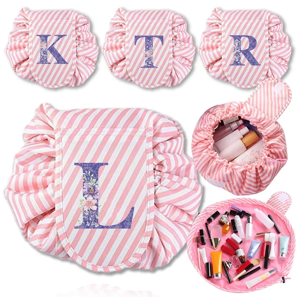 Drawstring Cosmetic Bags Ladies Portable Red Stripe Makeup Bag Organizer Washing Bag Makeup Storage Bags Purple Flower Series
