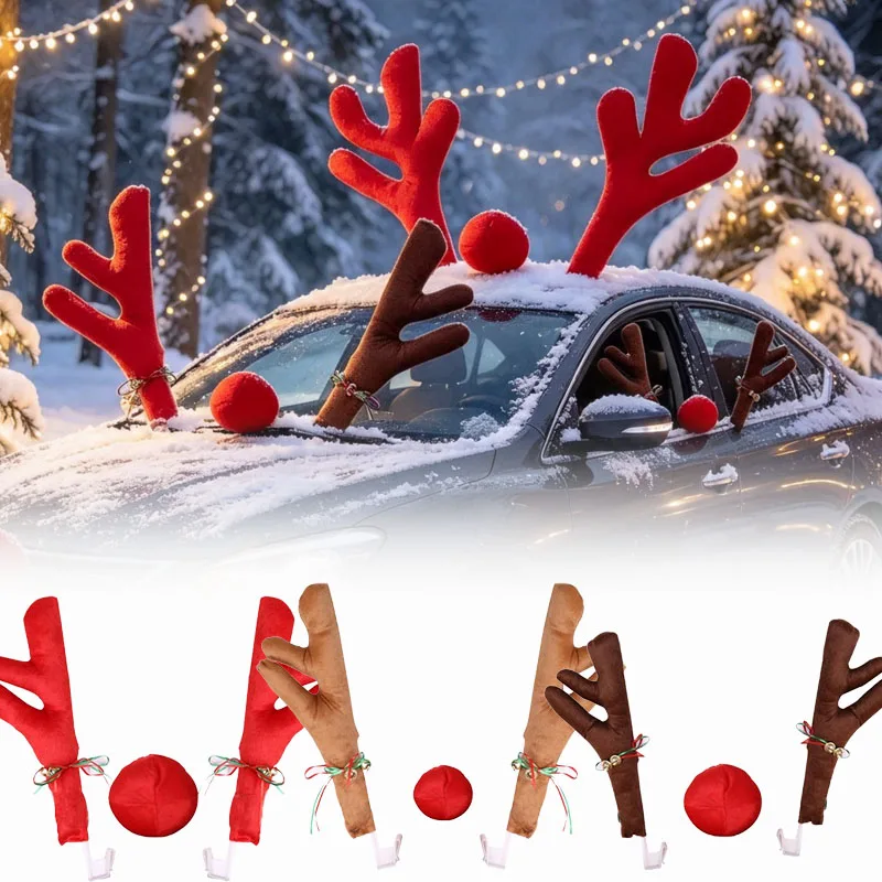 1-2PCS Reindeer Antlers Christmas Car Decoration Rudolph Red Nose Costume Accessory Set Holiday Party Decor Supplies