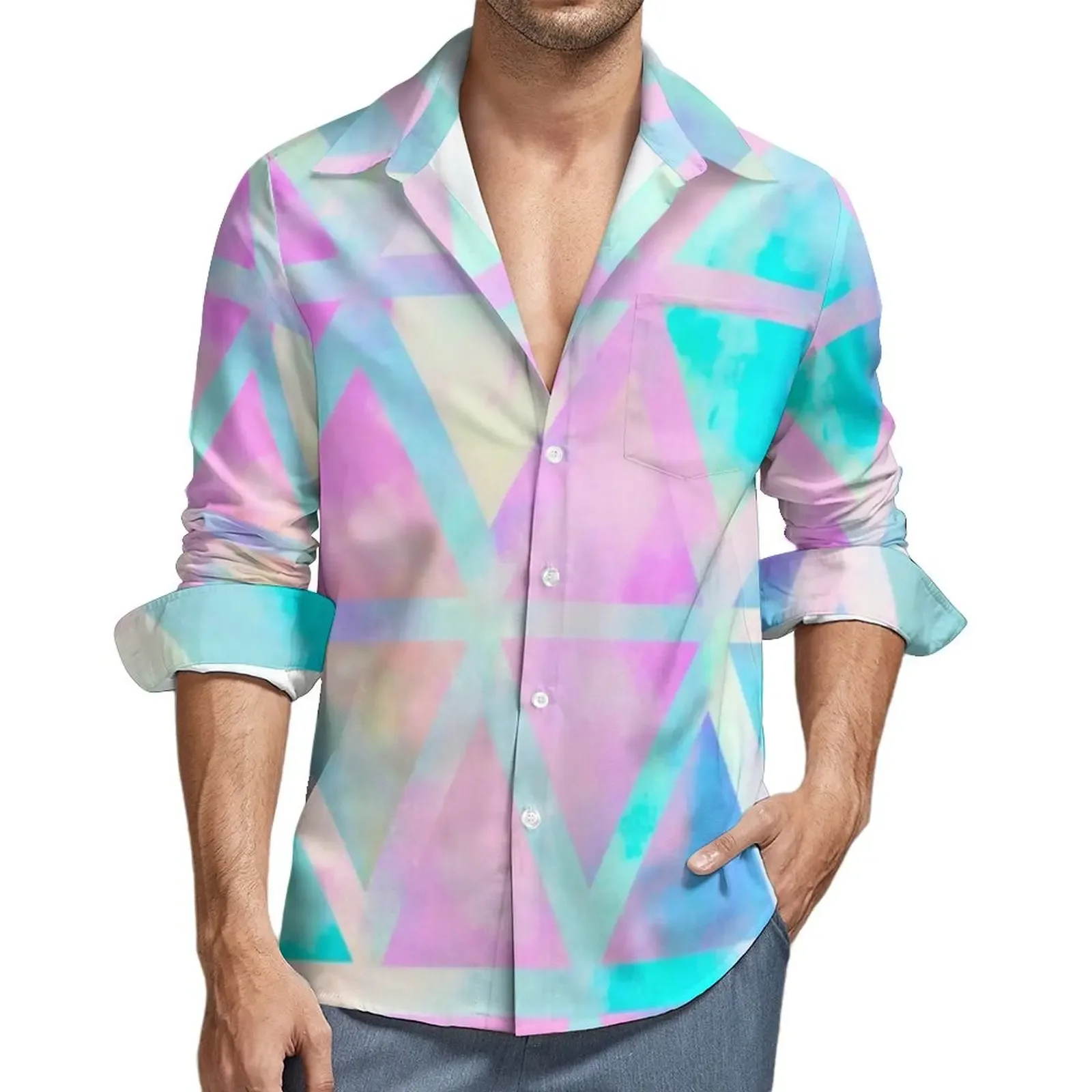 Chemises décontractées à imprimé géométrique ombré pour hommes, chemisier à manches longues, chemise chimère pastel rose, cadeau de vêtements de bricolage personnalisé, mode automne