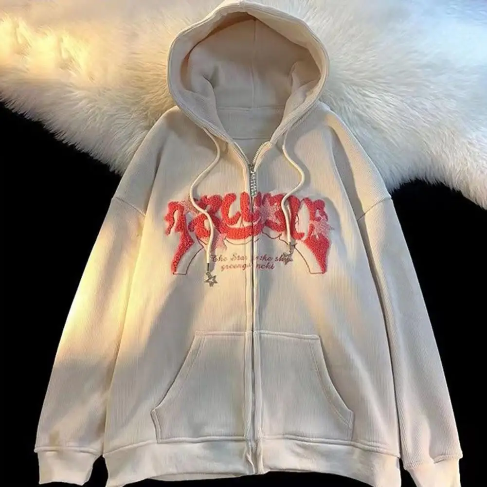 

Women Hoodie Stylish Women's Fall Winter Hoodie with Embroidered Letter Detail Cozy Drawstring Hood Zipper Closure for Weather