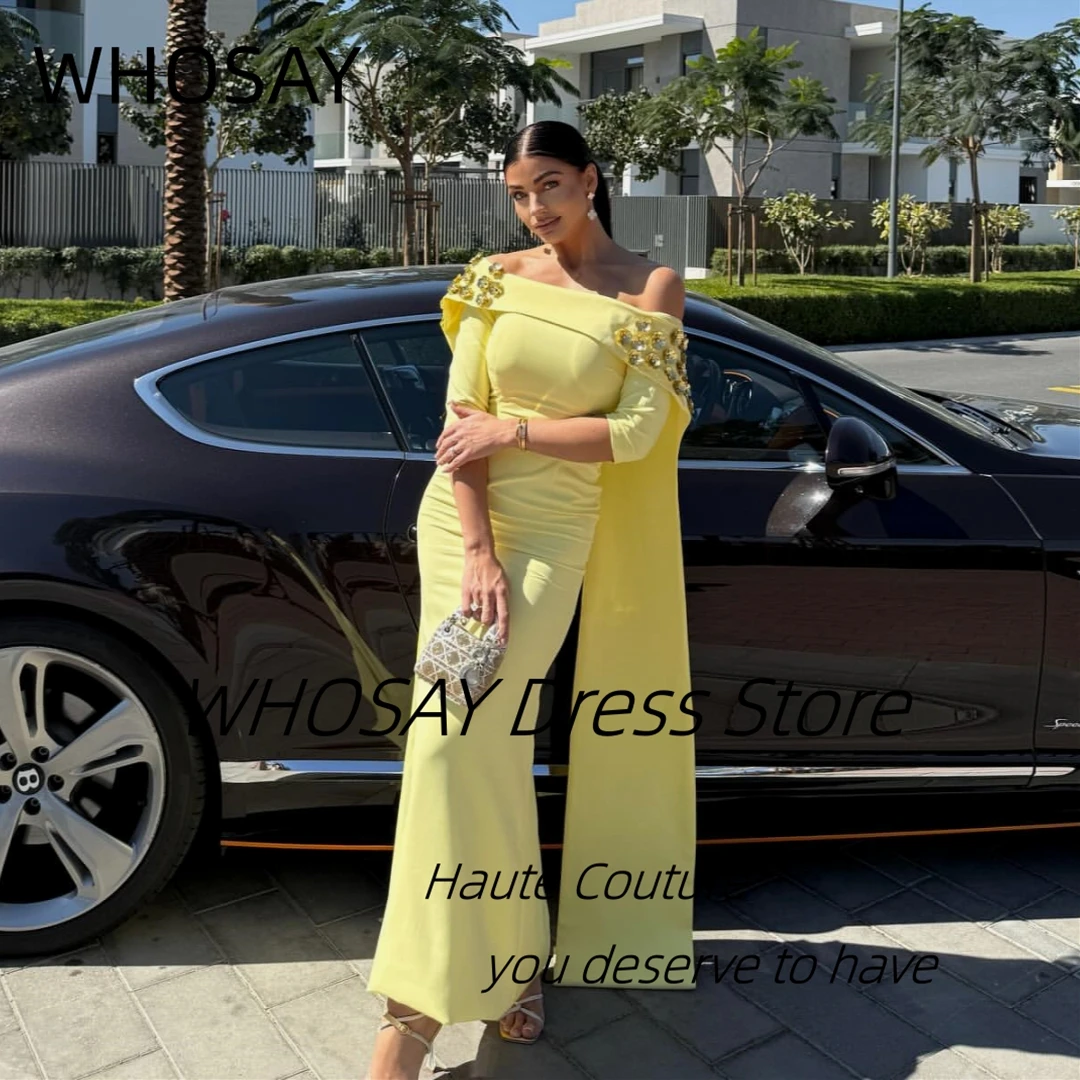 

WHOSAY Bespoke 3D-Flowers Boat Neck Prom Dresses Half Sleeves Evening Gowns Shoulder Flutters Zipper Back Party Dress Customized