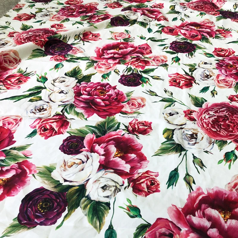 Natural 100% Cotton Peony Printed Fabric Material Brand Fashion Design for Dress DIY Sewing Fabric Wholesale Cloth