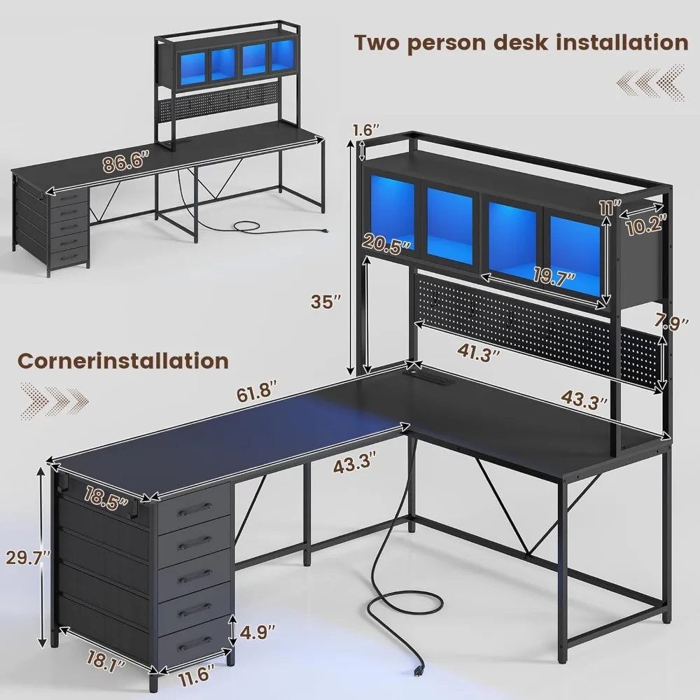 Gaming Desk, L Shaped Computer Desk with Hutch and Storage Shelves, and Pegboard, Led Lights, and Power Outlet, Desk Office