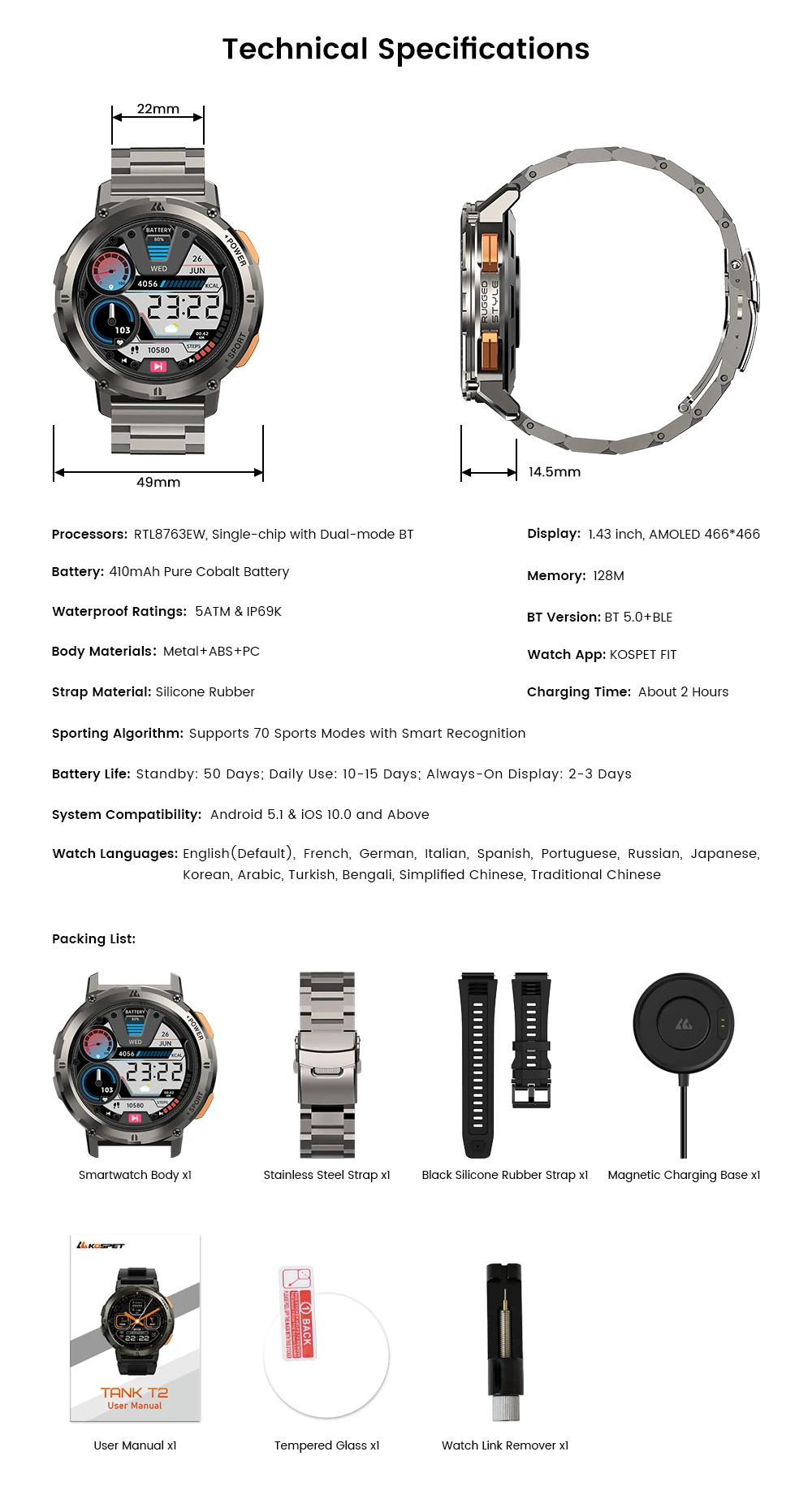 2025Original KOSPET TANK T2 Smartwatches für Herrenuhren AMOLED AOD Smartwatch Bluetooth Anruf Elektronische Herren-Smartwatch – Detail 18