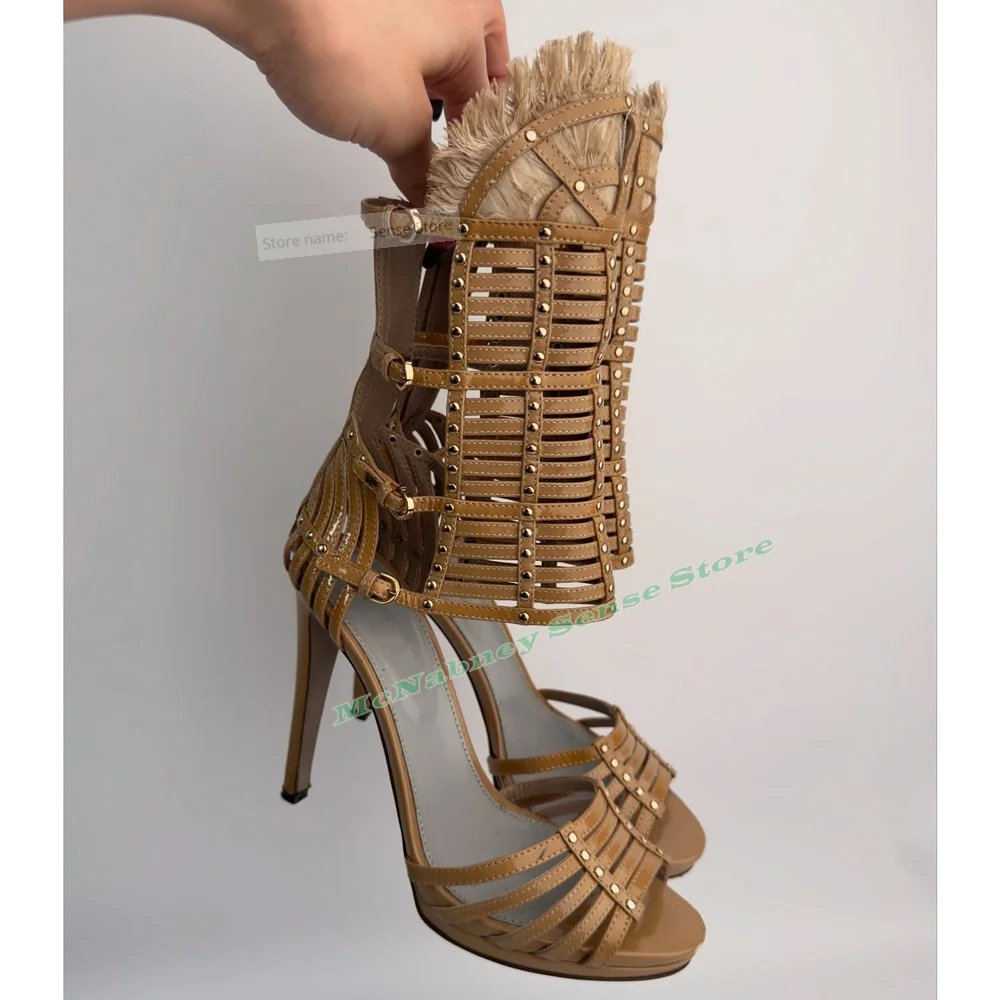 Straps Crystal Hollow Cuts Sandals Open Toe Solid Fur Buckle Straps Stiletto Heels Sandals Ladies Summer Shoes Designer Party