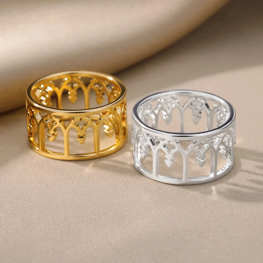 Retro Hollow Rings For Women Stainless Steel Gold Color Geometric Wide Finger Ring Wedding Jewelry Christmas Gift Free Shipping