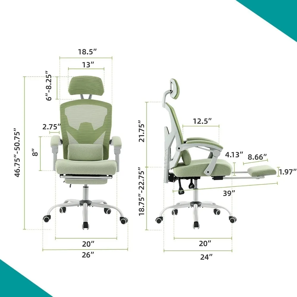 Silla de oficina reclinable con respaldo alto, asiento giratorio de malla para escritorio de ordenador, reposapiés retráctil y reposabrazos acolchados