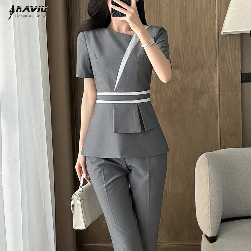 

NAVIU элегантные костюмы женские офисные модные с коротким рукавом однотонный тонкий профессиональный формальный пиджак и брюки 2025 новая рабочая одежда