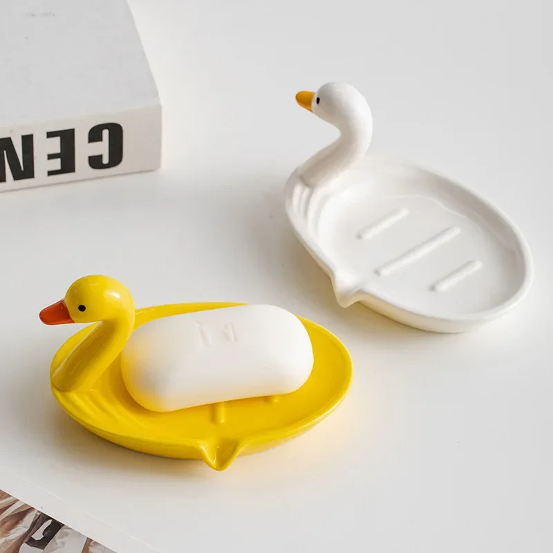 Cute Duck Ceramic Soap Dish with Drain, Aesthetic Bathroom Organizer, Home Storage Tray for Vanity Countertop Sink Accessory