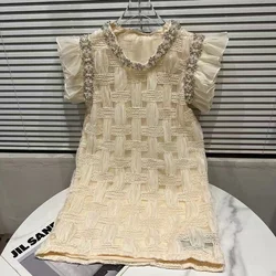 Chic Designer Summer Flying Sleeve Mini Dress Luxury Women Diamonds Beaded O Neck Mesh Sweet Loose Waist France Short Dresses