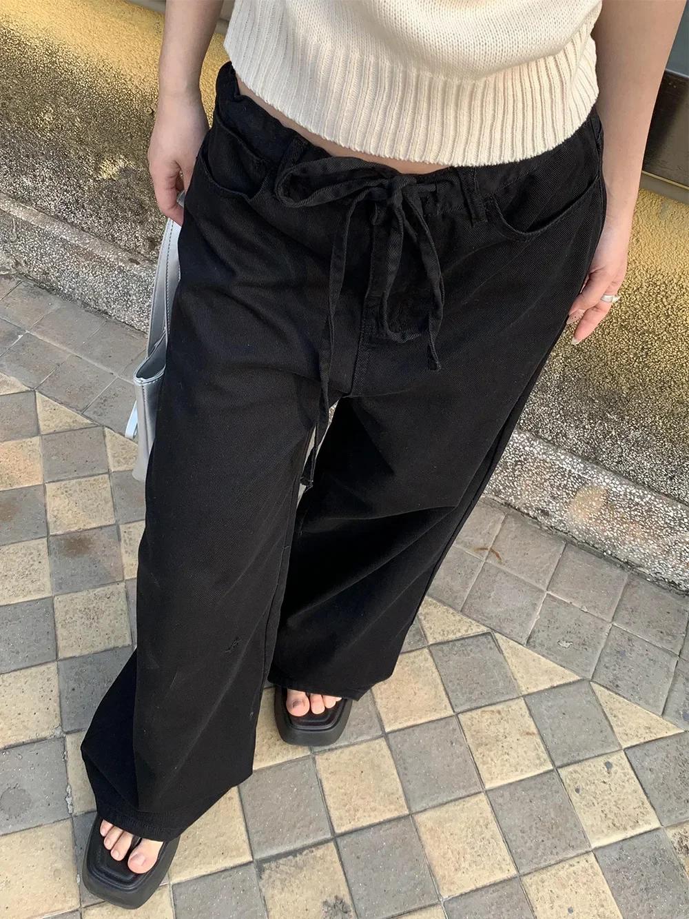 Jean à cordon de serrage pour femme, Streetwear, longueur au sol, coupe ample, taille moyenne, pantalon en Denim à jambes larges, pantalon en détresse, automne