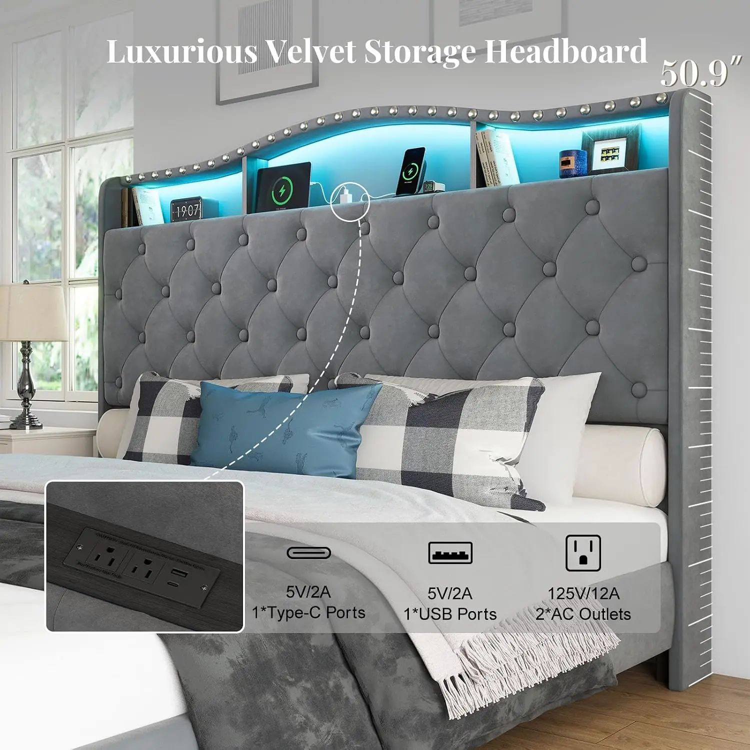 Queen Size Platform Bed Frame with 50.9" LED Headboard, Grey, Customized - view 3