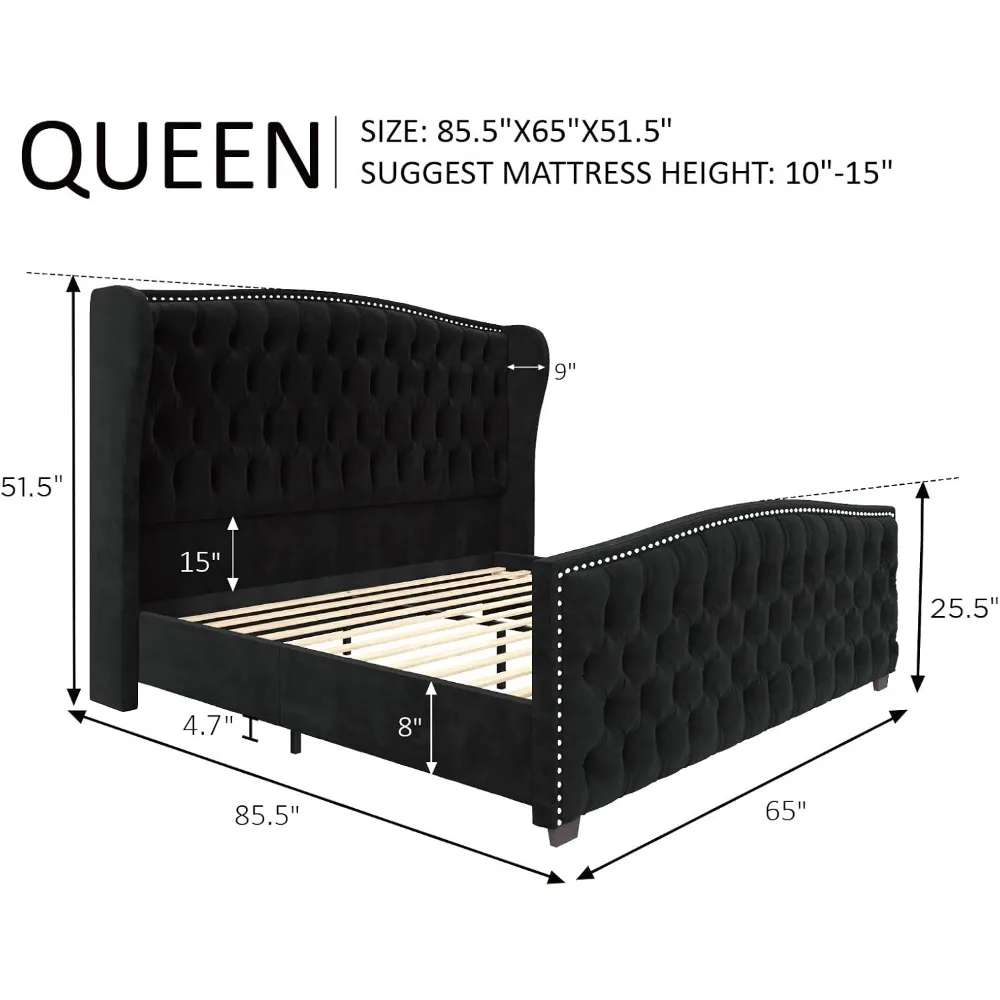 Queen Size Platform Bed Frame, Velvet Upholstered Bed with Deep Button Tufted & Nailhead Trim Wingback Headboard