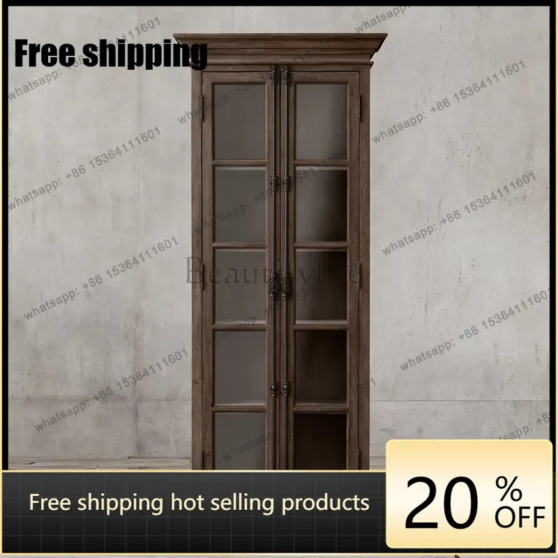 hot  American solid wood bookcase retro heaven and earth lock two doors simple glass door bookcase