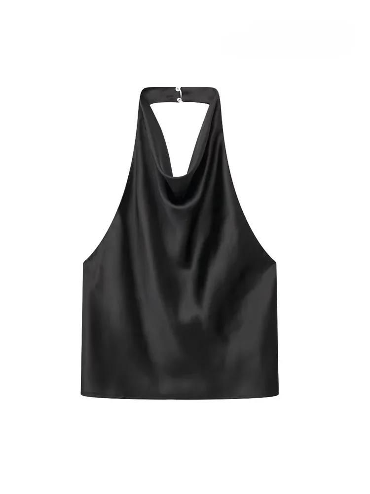 ASDS Women Fashion Satin Flowing Halterneck Tank Tops Sexy Backless With Button Female Camis Mujer