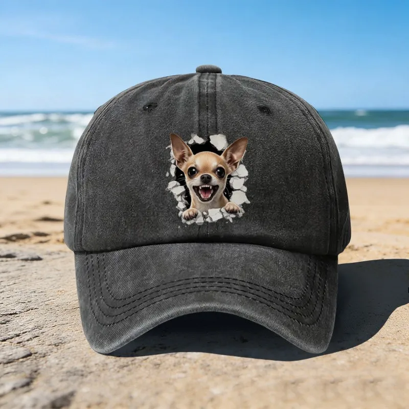 Chihuahua Breaking Through Wall Print Baseball Cap Unisex Adjustable Cotton Cap for Outdoor Beach Daily Wear