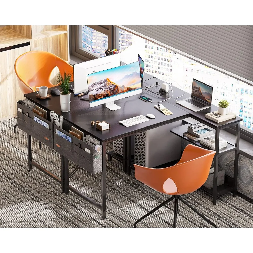 Kleiner 40-Zoll-Gaming-Computertisch in L-Form mit Steckdosen, umkehrbaren Ablageflächen und PC-Ständer für das Heimbüro, einfach W