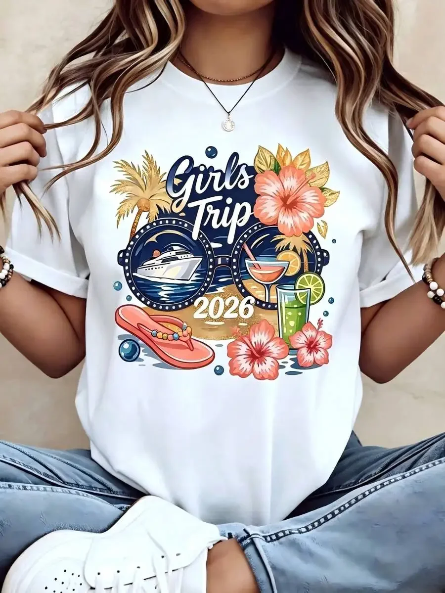 Girls Trip 2026 T Shirt Women Cruise Ship Graphic Printed Summer Tops Beach Vacation Outfits Matching Sister Squad Short Sleeve Casual White Tees