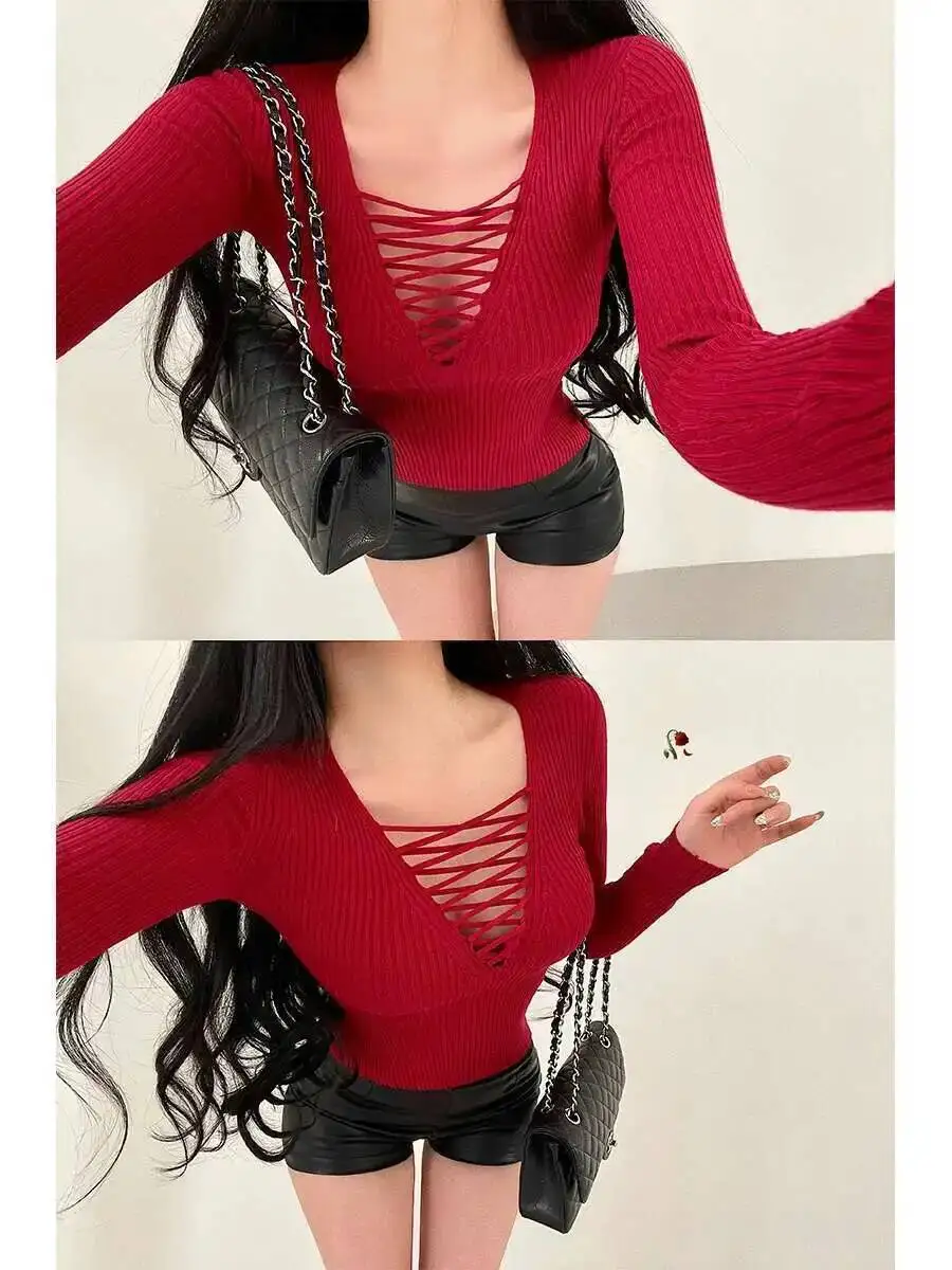 Pure Desire Stil Sexy Brustgurt Aushöhlen Schlank Langarm Basis Gestrickte Top Pullover Mode Frauen Tops 2025, Neue Süße 41Y9