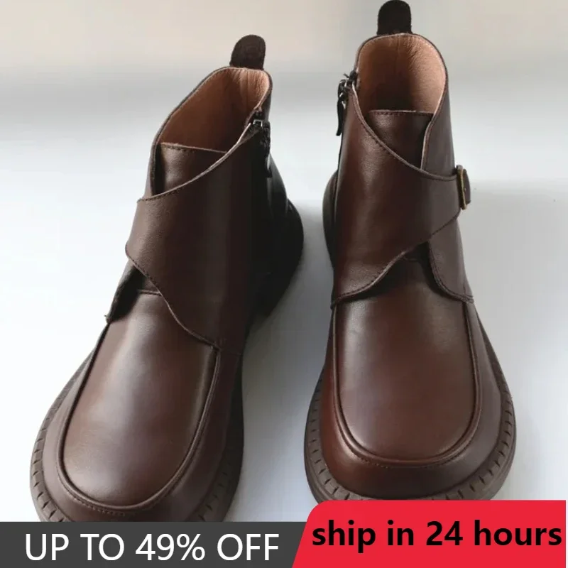 

Genuine Leather Wide Toe Single Short Boots Punk Style Buckle Men's Ankle Boots Apring Plus Size Women 43 44 Shoes