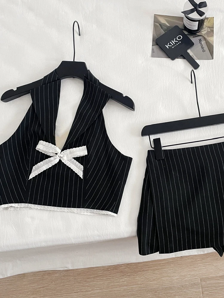 Summer Women Old Money Vacation 2000s Aesthetic Korean Striped Outfits 2 Piece Set Lace Bow Vest Tank Top + Design Mini Skirts