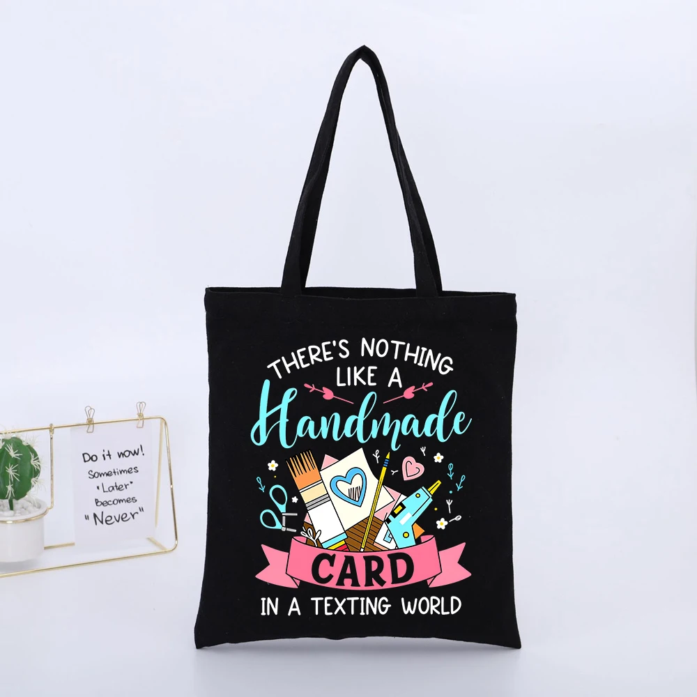 Crafters' Handmade Card Slogan Print Canvas Tote Bag, Casual Style for Daily Shopping and Creative Outings