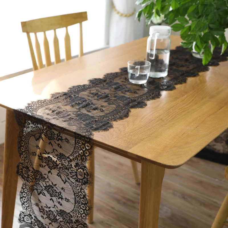 30*300CM European Vintage Style Black White Flower Lace Table Runner Luxury Coffee Table Cloth Wedding Long Table Decoration