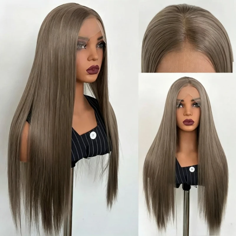 180 Density 18 30 Inch #8 Ash Brown Long Straight Hair 13 * 4 Front Lace Hand Hook Matte High Temperature Silk Chemical Fiber