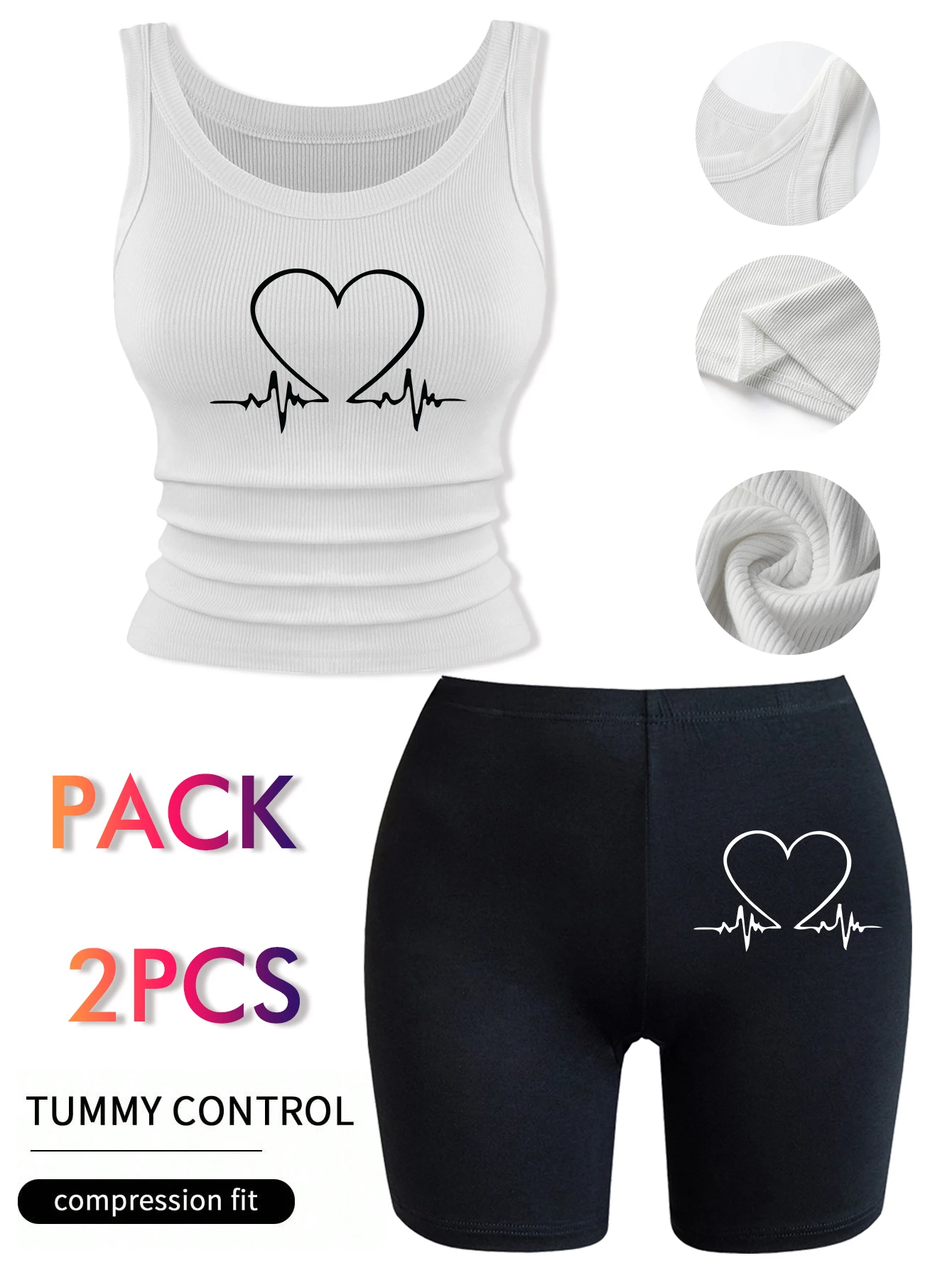 

Комплект: майка с принтом «Электрокардиограмма в форме сердца» и шорты-леггинсы с эффектом утяжки для женщин, летний, хлопок, эластичный