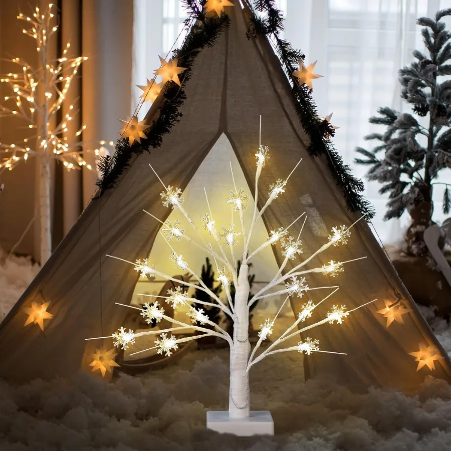 شجرة ندفة الثلج LED ضوء مع 24 أضواء LED ملونة دافئة وظيفة الموقت USB بطارية قابلة للشحن تعمل بالطاقة زينة عيد الميلاد ل Indo