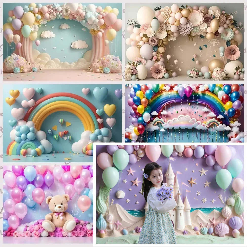 

MOON.QG Birthday Backdrop Baby Shower Girl Balloon Castle Teddy Bear Garden Photozone Party Supplies Backgrounds for Photographs