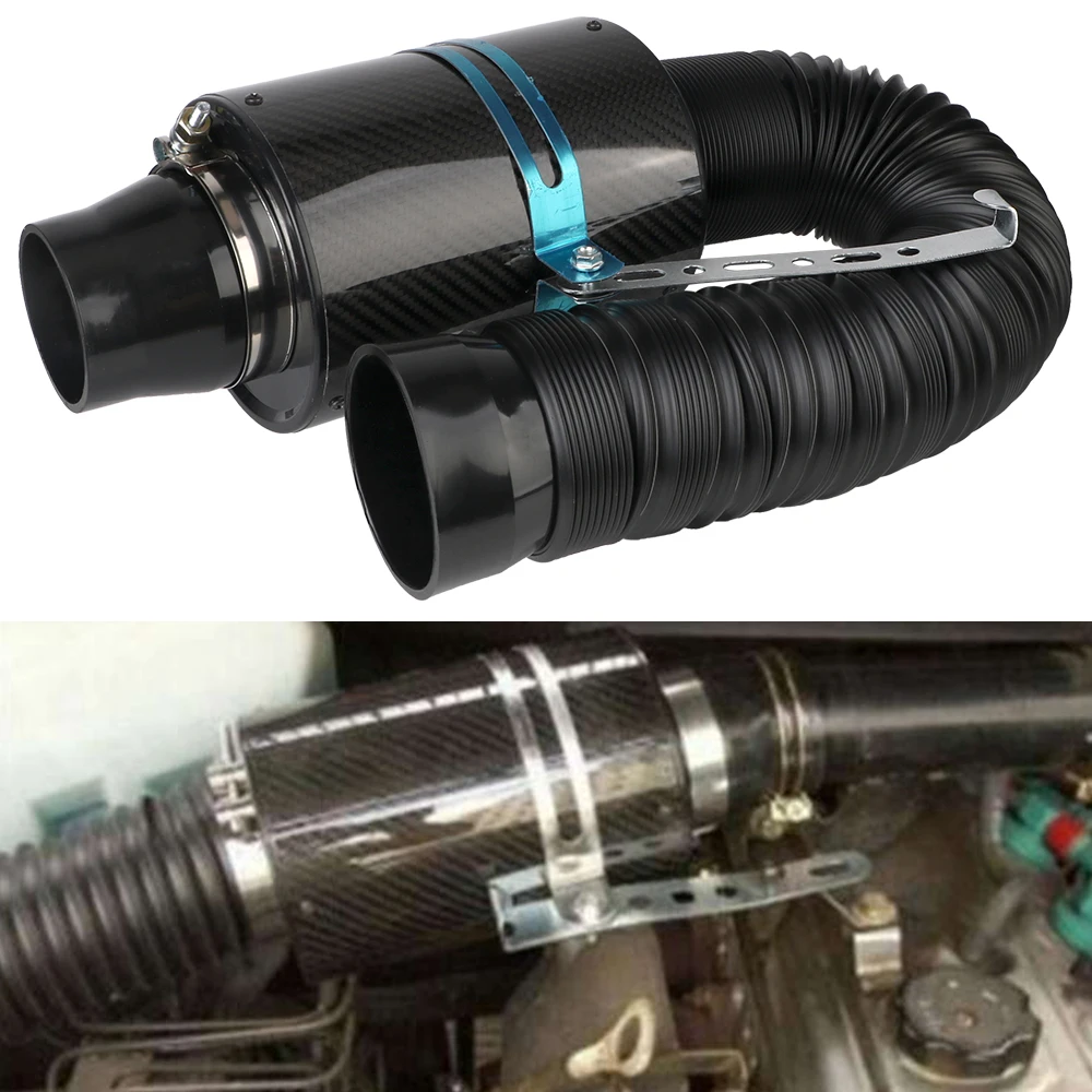 Universal Car Carbon Fibre Cold Air Filter Feed Enclosed Intake Induction Fiber Intake Filter Box 1 Set Pipe Hose Kit