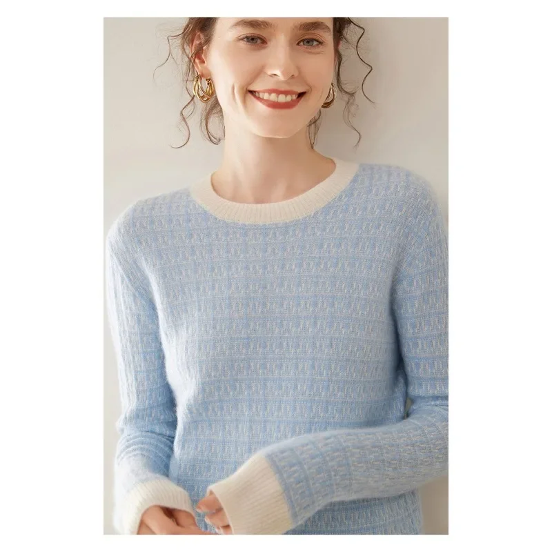 

2025 Autumn New Crew Neck Cashmere Sweater Women's Fashion Color Matching Loose Pullover Knitted Bottoming Shirt