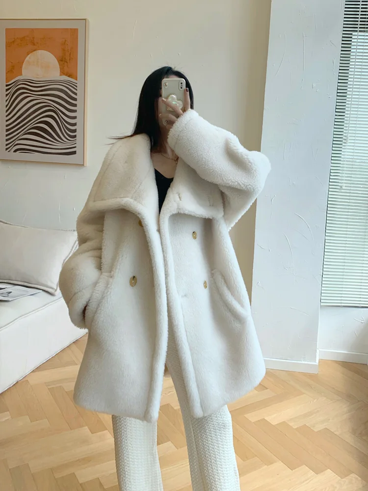 White New Teddy Bear Short Lapel Alpaca Wool Teddy Fur Coat Fashion Woman Double-breasted Real Fur Loose Warm Fit Autumn Winter