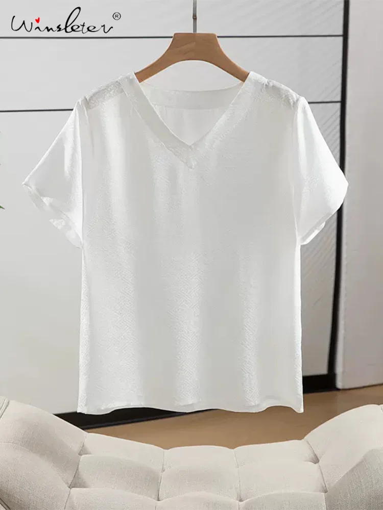 

Winsleter, 100%Real Silk Short Sleeve T-Shirt, Woman V Neck Jacquard, Elegant Fashion Basic Top, 2024 Summer Autumn T469114QM