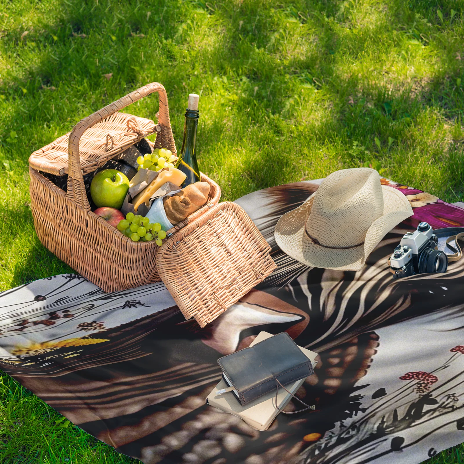 Manta exterior floral y de vaca de las tierras altas con fondo blanco y diseño de dibujos animados para picnics y relajación en la naturaleza