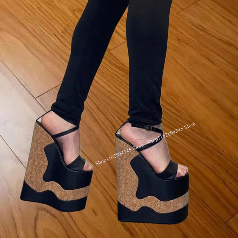 

Wood Pattern Buckle Cut Out Platform Sandals Wedge Heel Fashionable Cool Summer Casual Big Size Woman Shoes Zapatillas Mujer