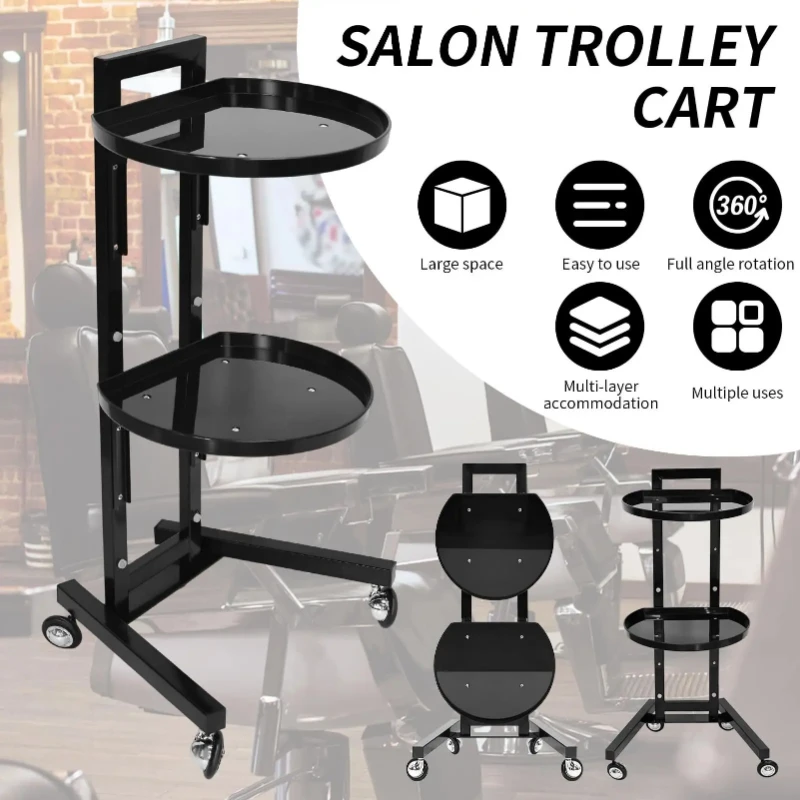 Elliptic Bilayer Rolling Cart Foldable Hair Tray Beauty Service Trolley Barber Storage Makeup Stand Tool