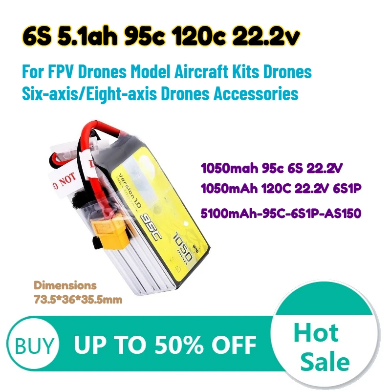 6S 5.1ah 95c 120c 22.2v Polymer Lithium Battery for FPV Drones Model Aircraft Kits Drones Six-axis/Eight-axis Drones Accessories