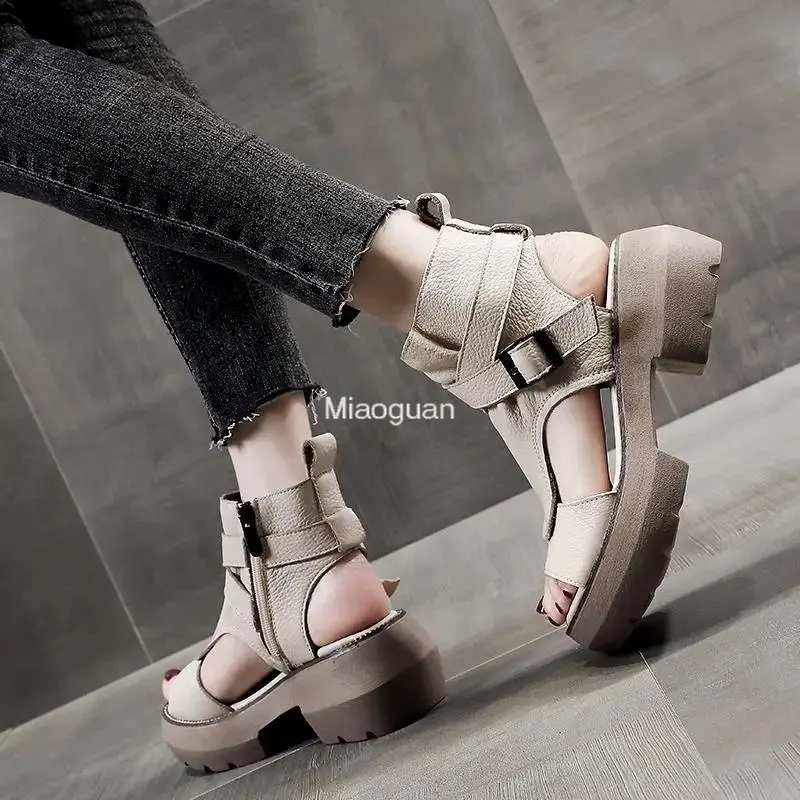 2023 New Summer Shoes Women Sandals Retro Rome PU Leather Woman Wedges Platform Sandals Peep Toe High Heel Sandals Black Casual