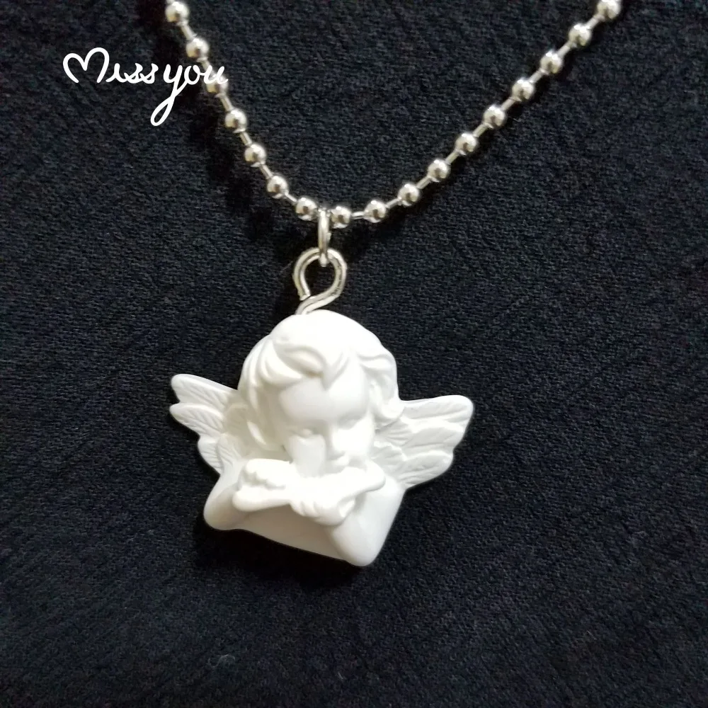 Creative White Baroque Cupid Plaster Emotes Angel Pendant Stainless Steel Round Bead Chain Necklace for Men Women Couple Jewelry