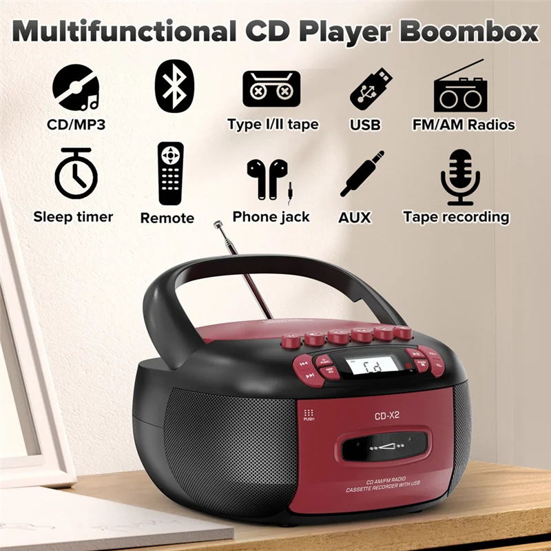 Y45A-Boombox مشغل أقراص مضغوطة كاسيت محمول AM FM راديو مكبرات صوت بخاصية البلوتوث AUX USB MP3 يلعب مع جهاز التحكم عن بعد