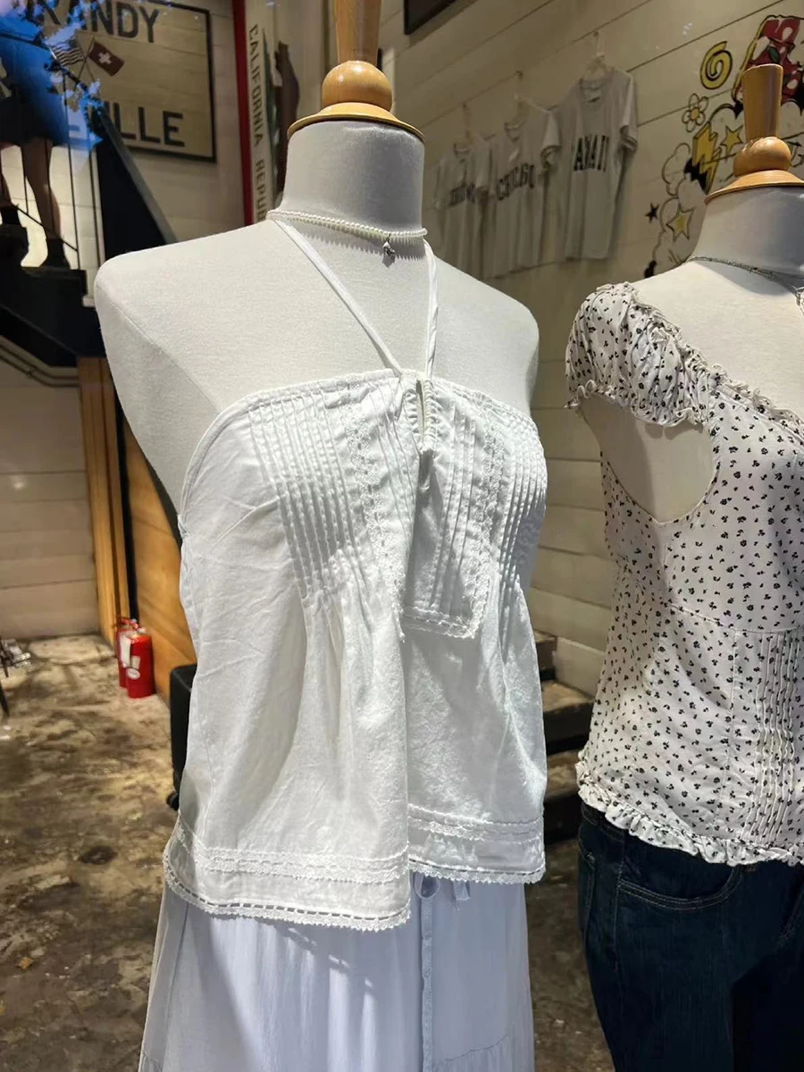 Süße weiße Spitze träger lose Tanktops Frauen sexy rücken freie Baumwolle Knöpfe Neck holder Leibchen solide Vintage niedlichen Sommer Ernte Top y2k