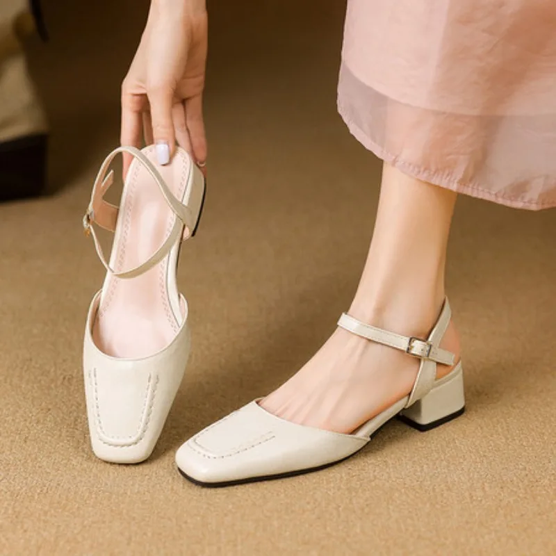 

Plus Size 34-41 Women's Sheepskin Narrow Band T-strap Square Toe Summer Sandals 3.5cm Thick Low Heel Elegant Ladies Dress Shoes