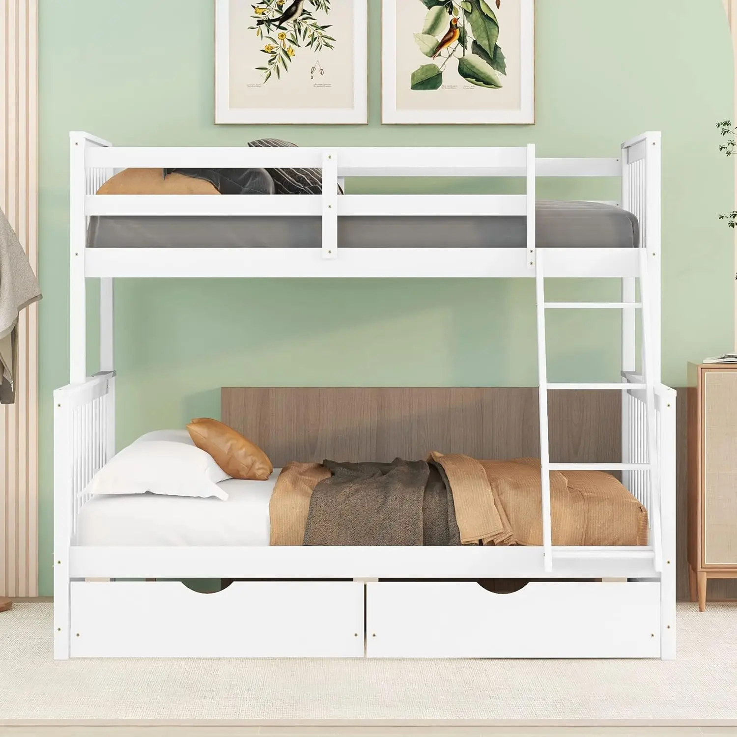 

Merax Twin Over Full Bunk Bed with Trundle, Solid Wood Bunk Bed Frame with Guardrail and Removable Ladder, Can be