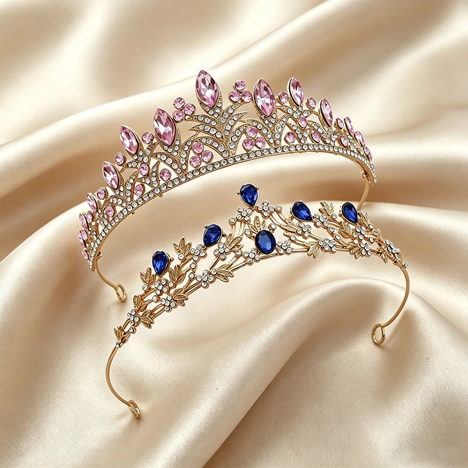 2 Pack Leaf Rhinestone Gold Plated Crown Set Bridal Tiara Hair Accessory Elegant Royal Headwear Wedding Pageant Birthday Party view 3
