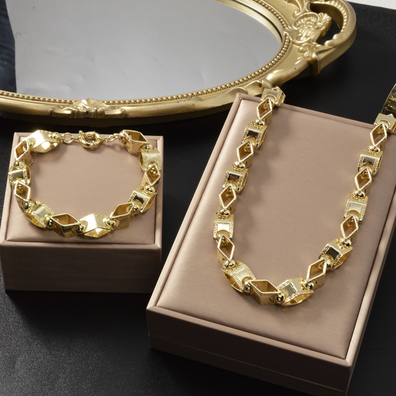 Mens Heavy Weight Chain Accessory Gold Plated Necklace Bracelet Set Hollow Textured Chain Jewelry For Men Daily Party Wear