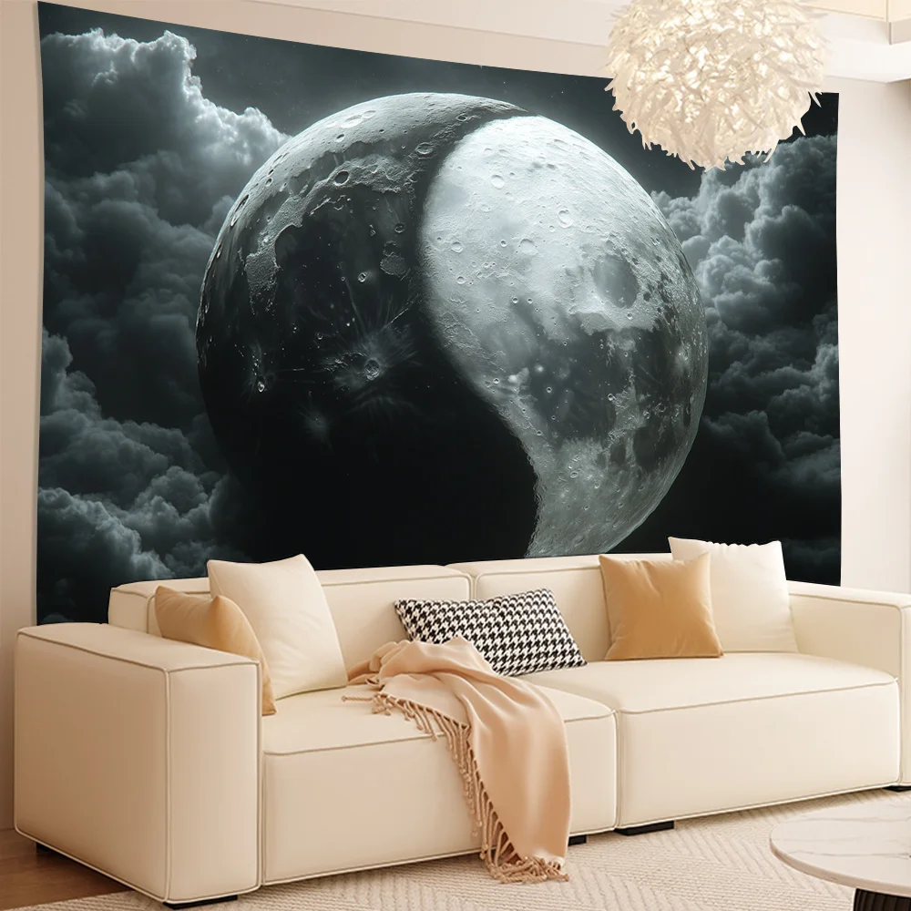 Yin Yang Moon Tapestry, Giant Moon with Clouds and Cosmic Balance Symbol, Mystical Night Sky Wall Hanging for Living Room