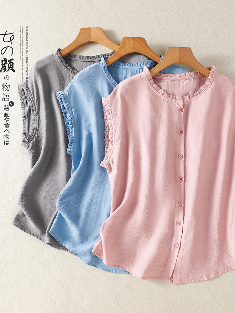 

Retro Japanese Artistic Ear Mushroom Stand Collar Sleeveless Cotton Linen Loose Women's Summer Shirt Trendy Commute Top